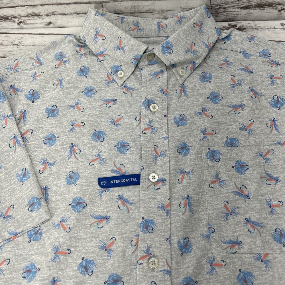 Southern Tide Men's M Fishing Hook Art Stretch Pocket Button Down Shirt SS Nylon